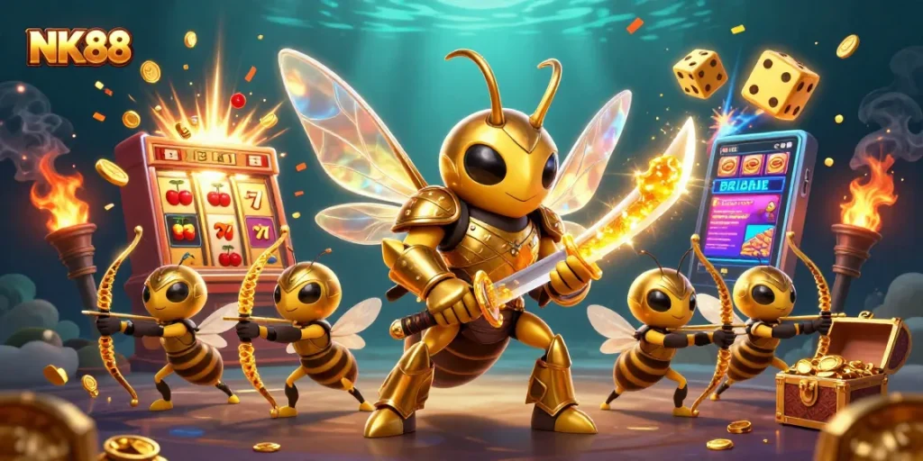 NK88's dynamic gameplay showcases a golden hornet engaged in casino fortune, multiplying rewards.