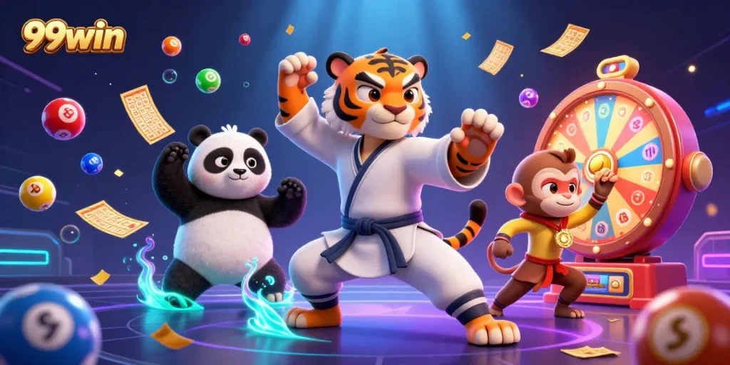 Experience thrilling gaming with 99win amid animated characters and vibrant casino elements.
