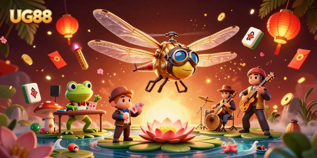 Experience thrilling gameplay with UG88's vibrant 3D casino action featuring engaging characters and festive elements.