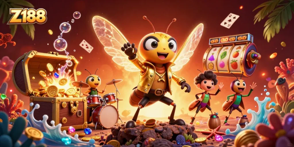 Experience the excitement of Z188 casino with a vibrant scene of animated characters and dynamic gambling elements.