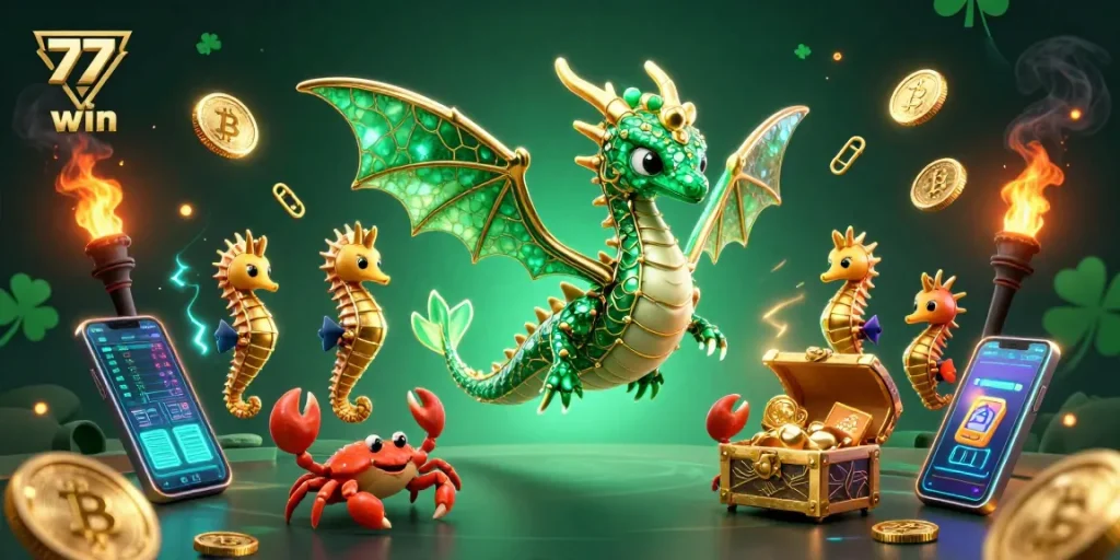 Engage with 77win's vibrant gaming world featuring a magical sea dragon amidst glowing cryptocurrency elements.
