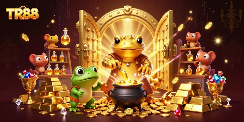 TR88 features a golden salamander alchemist transmuting wealth in a vibrant casino scene.
