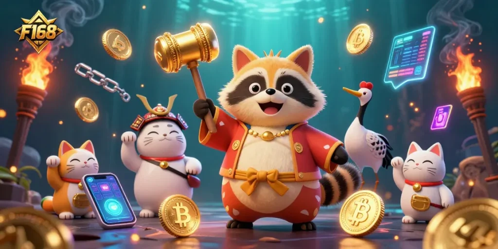Play at F168 and engage in thrilling casino games amid a colorful animated scene.