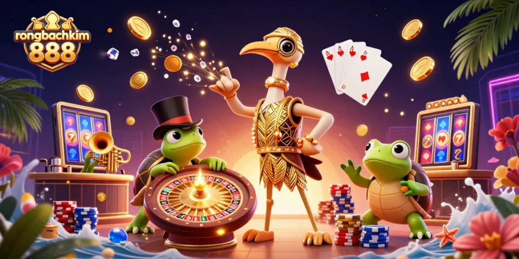 Engage with rongbachkim 888 through exciting casino action in a vibrant 3D illustration.