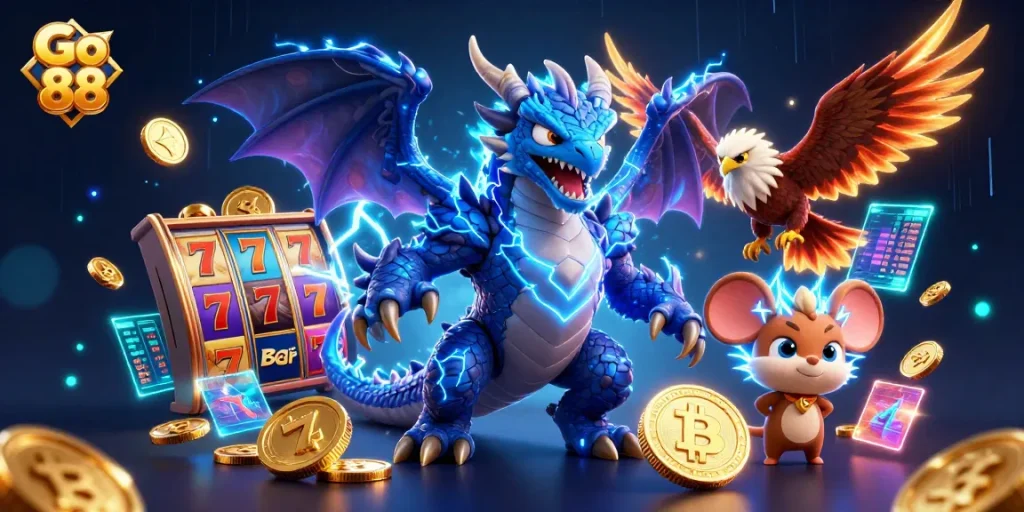 Experience thrilling gameplay at Go 88 with dynamic slot reels featuring vibrant characters and cryptocurrency elements.