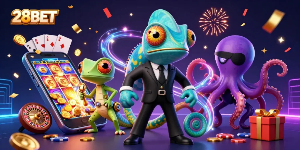 Experience thrilling gaming at 28BET with colorful slot games and captivating characters in an exciting casino scene.