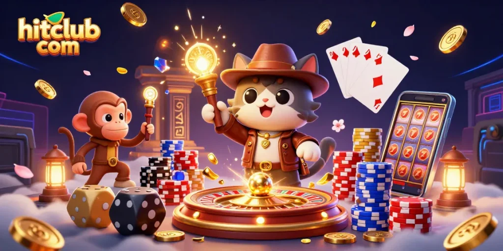 Experience the thrill of gaming excitement at hitclub com with vibrant casino elements and captivating characters.
