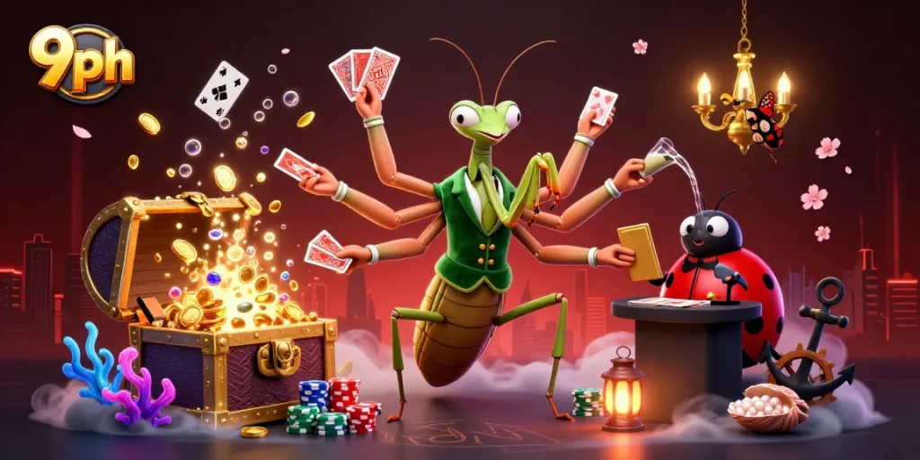 Experience excitement at 9ph with a vibrant casino scene featuring a giant mantis dealer and thrilling game elements.