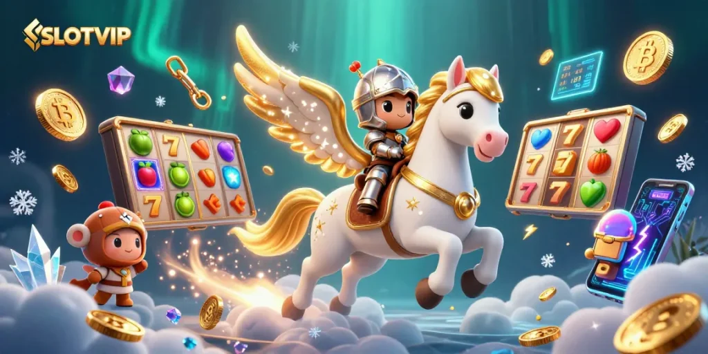 SLOTVIP showcases a vibrant 3D illustration featuring a celestial white horse, slot reels, and cryptocurrency elements.