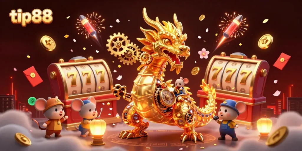 Experience thrilling slot adventures with tip88's exciting gaming scene, featuring a vibrant dragon and jackpot elements.
