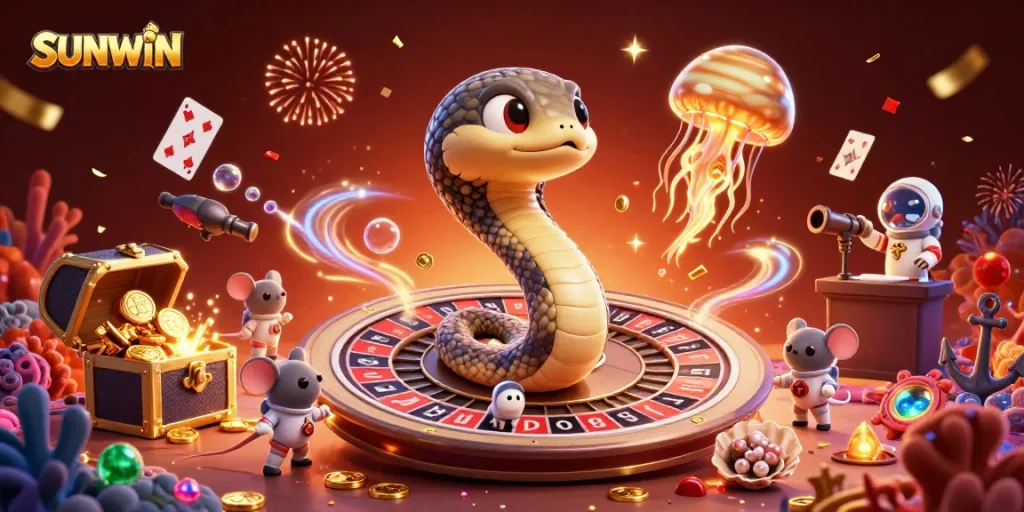 SUNWIN's 3D cosmic casino scene featuring thrilling bets and vibrant gaming actions.