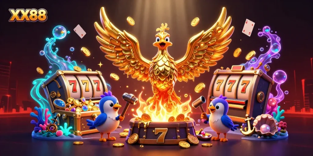 Spin the reels with XX88's vibrant casino scene, featuring golden phoenix and jackpots.