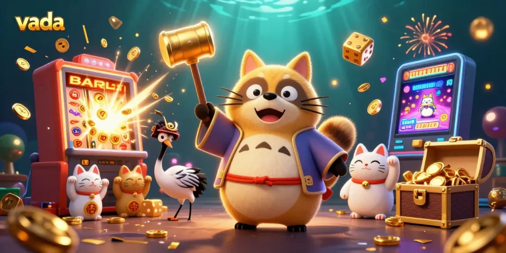 Experience the excitement of vada with a vibrant 3D casino scene featuring joyful characters and stunning game elements.