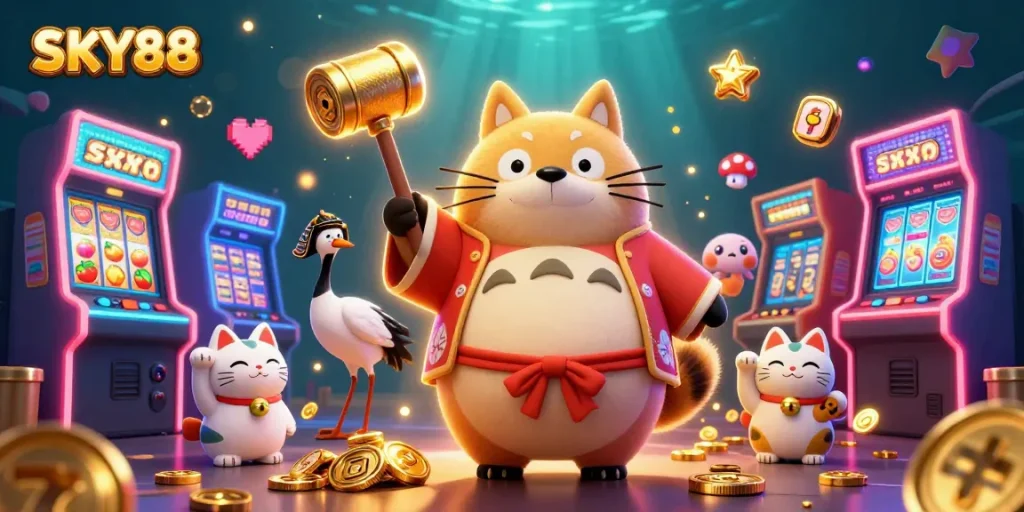 Experience the thrills of SKY88 with a vibrant, dynamic casino scene featuring joyous characters and game elements.