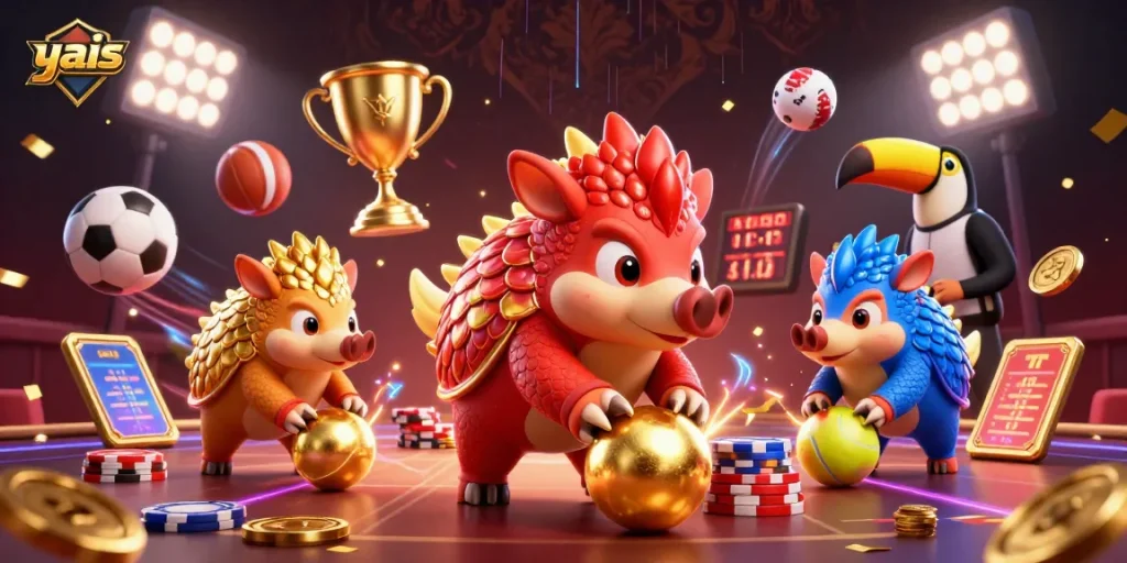 yais showcases competitive pangolins in a dynamic gambling scene with poker chips and sports balls.