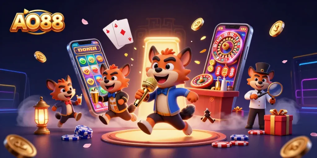 AO88 casino hyenas entertaining with slot games and vibrant atmosphere.