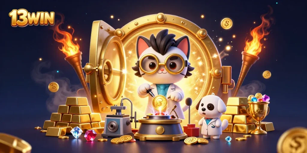 Engage with 13WIN's thrilling casino experience amid golden treasures and whimsical characters