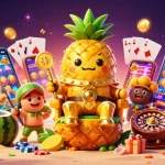 Experience HI88 gaming excitement with a vibrant 3D scene featuring a pineapple king and thrilling casino elements.