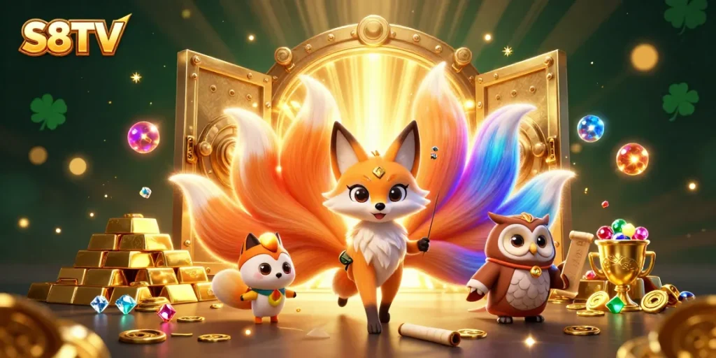 Experience vibrant S8TV gaming with a magical illustration of fortune and spirit orbs.