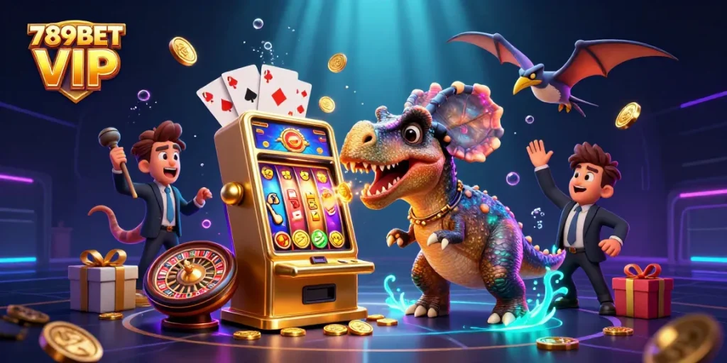 Experience the thrill of 789BET VIP as cartoon dinosaurs celebrate casino jackpots and adventure.
