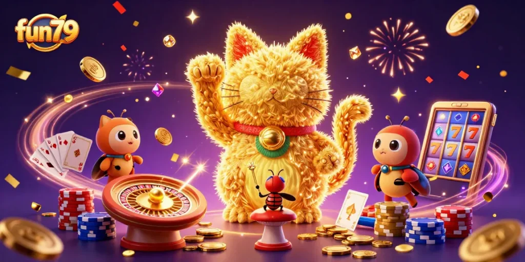 Join the excitement at fun79, where a lucky cat and golden fireflies celebrate casino games with cascading coins and vibrant visuals.