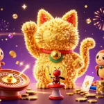 Join the excitement at fun79, where a lucky cat and golden fireflies celebrate casino games with cascading coins and vibrant visuals.