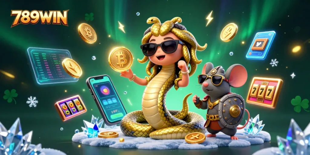 Spin to win with 789WIN's exciting casino experience featuring Medusa and a warrior mouse.
