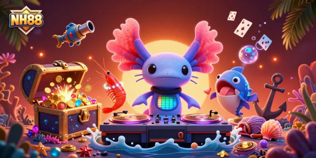 Engage with NH88's vibrant underwater casino illustration featuring axolotl DJ and lively game elements.
