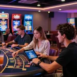 A diverse group of players at https://eviz.org.uk enjoying vibrant games in a modern casino atmosphere.