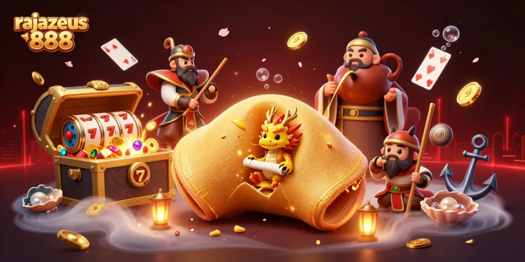 Engage in thrilling fun with rajazeus 888 as golden treasures and dynamic slot action await in this vibrant gaming illustration.