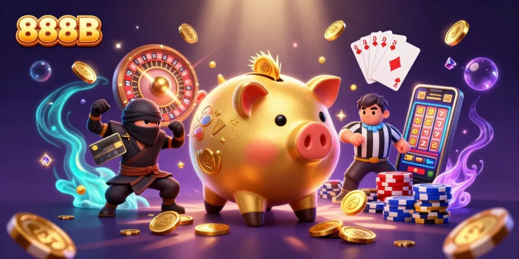 Experience the thrilling world of 888B with dynamic casino characters in action.