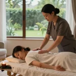 Therapist providing 관악구출장마사지 in a serene home setting with soft lighting and calming decor.