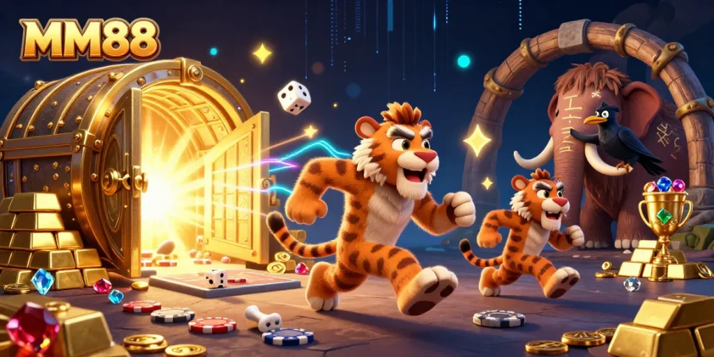 Experience thrilling betting with MM88's vibrant casino and characters in a dynamic digital scene.