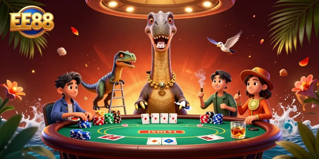 Experience the thrill at EE88 with a 3D cartoon scene featuring a dinosaur and raptor at a vibrant poker table.