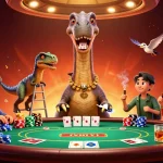 Experience the thrill at EE88 with a 3D cartoon scene featuring a dinosaur and raptor at a vibrant poker table.