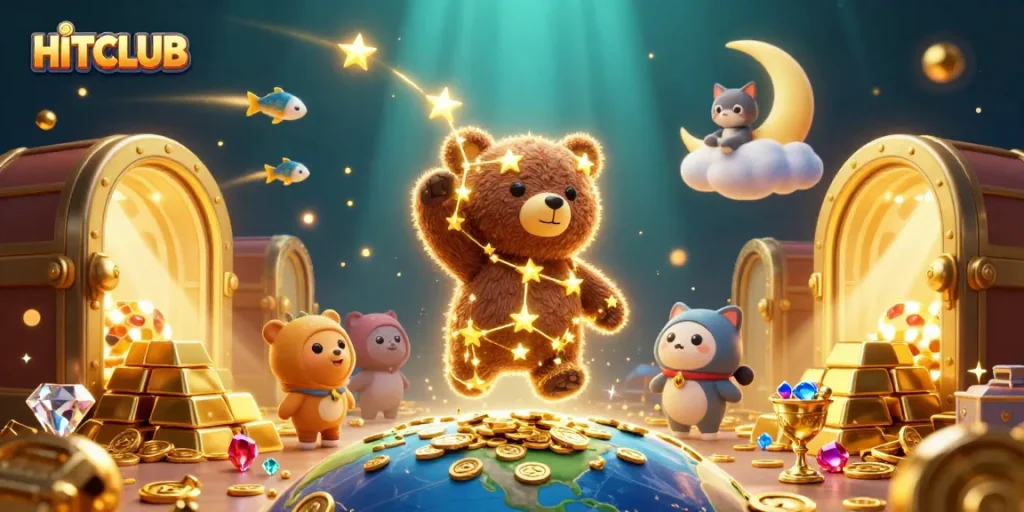 HITCLUB captivates players with a dazzling 3D scene of stars, treasure, and interactive gaming elements.