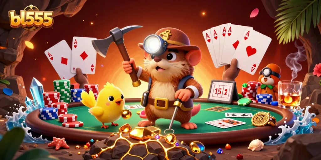 Join the action at bl555, where a treasure hunter mole and canary discover fortune in a vibrant casino setting.
