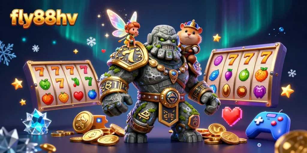 Engage in thrilling gaming action at fly88hv with slot reels, golden coins, and casino excitement.