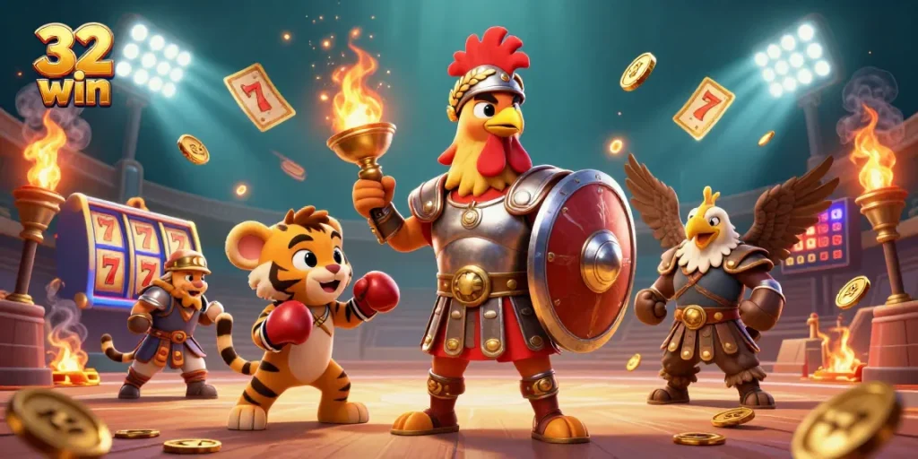 Watch the dynamic 32 win scene where a gladiator rooster battles amidst casino-themed elements and trophies.