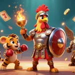 Watch the dynamic 32 win scene where a gladiator rooster battles amidst casino-themed elements and trophies.
