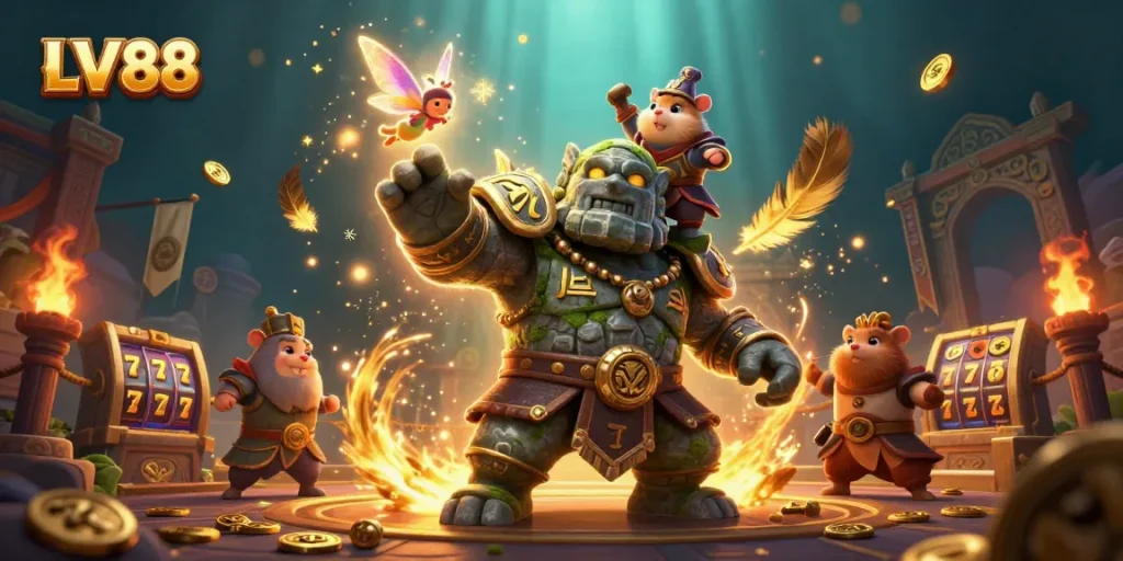 Experience thrilling gameplay at LV88 with vibrant characters and dynamic casino elements in a magical realm.