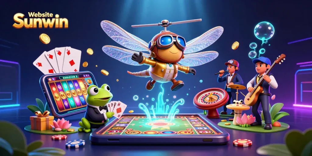 Experience thrilling gaming at Website Sunwin with a vibrant scene featuring a frog croupier and dynamic game elements.