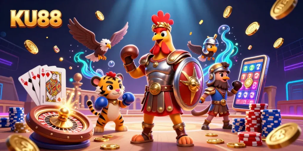 Experience exciting wins at KU88 casino with golden games and vibrant sparring characters.
