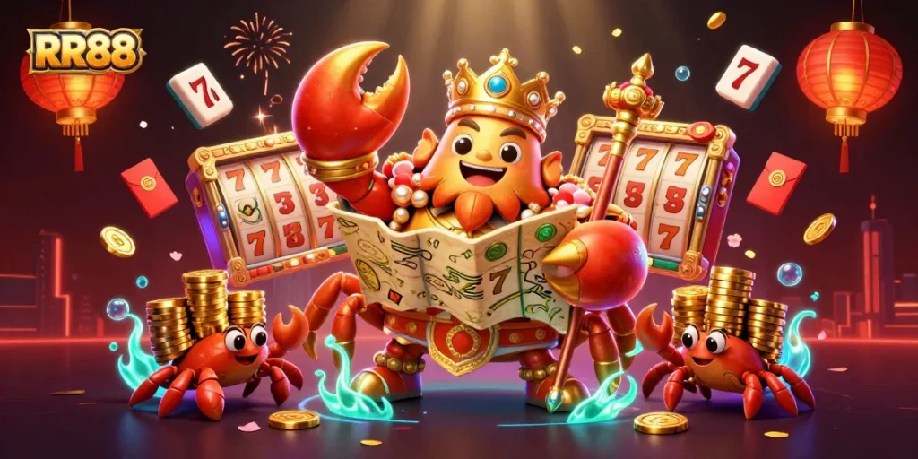 Engage in thrilling gameplay with RR88, featuring a golden crab emperor surrounded by vibrant casino symbols.