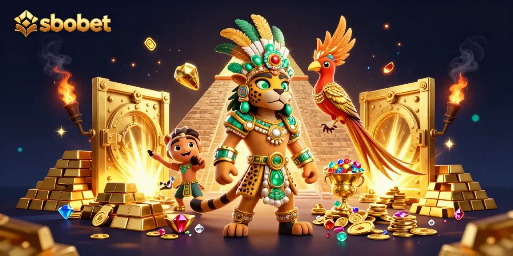Experience sbobet's vibrant gaming world with a 3D Mayan scene filled with treasures and lively characters.
