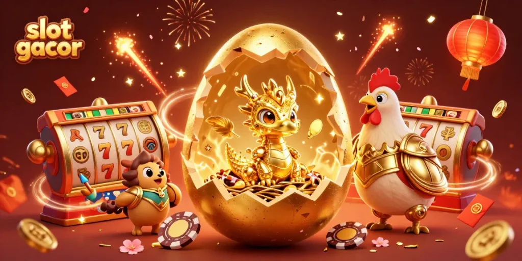 Experience slot gacor action with a golden dragon and casino elements surrounded by festive decorations