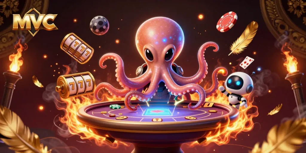 Experience exciting gameplay at mvc's 3D credit card casino with a futuristic octopus dealer, enhancing your gaming thrill.