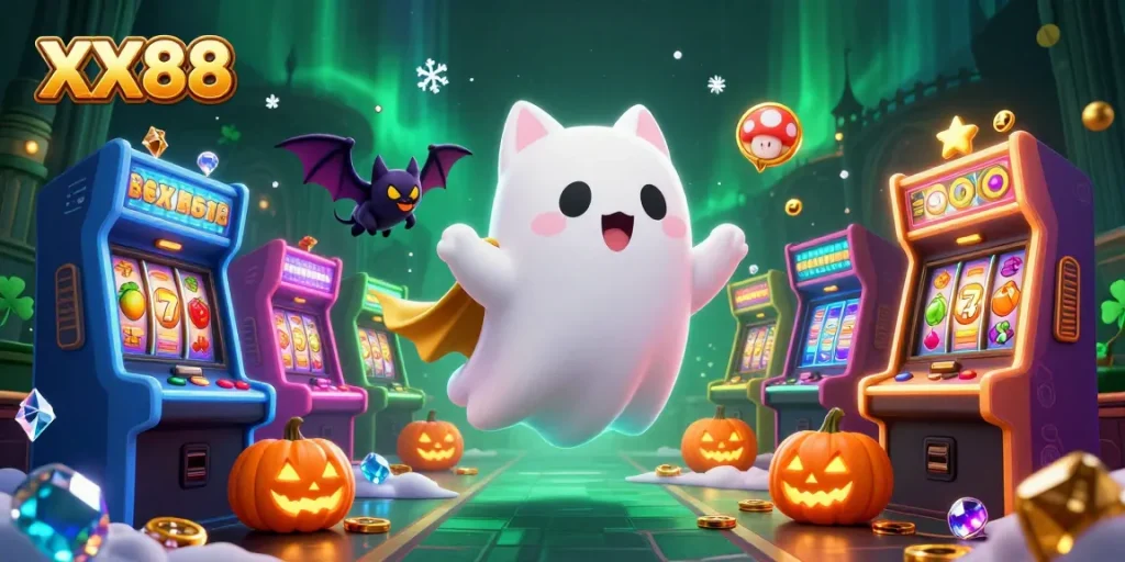 Experience the thrill of XX88 with a friendly ghost cat floating in a haunted casino.