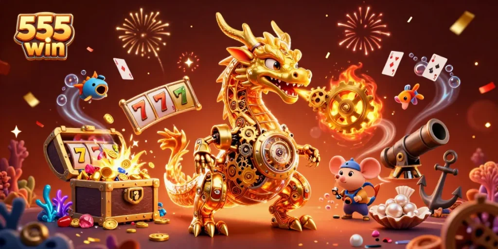 Immerse in the vibrant excitement of 555 win with a golden dragon and dynamic slot elements.