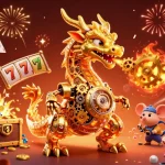 Immerse in the vibrant excitement of 555 win with a golden dragon and dynamic slot elements.